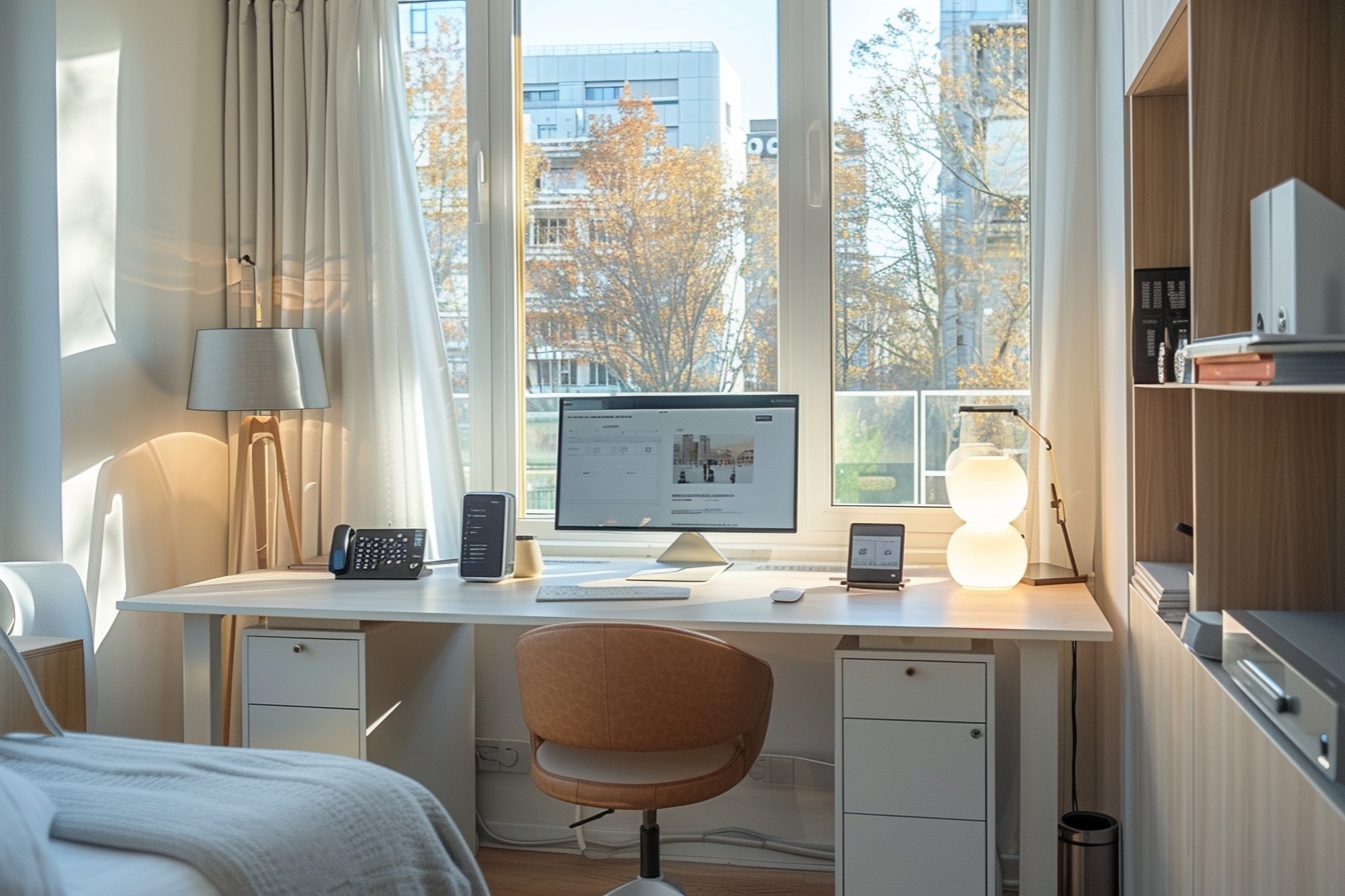 Vue aérienne d'un coin bureau fonctionnel et intelligent aménagé dans un petit appartement à Cherbourg-en-Cotentin, optimisant l'espace de travail