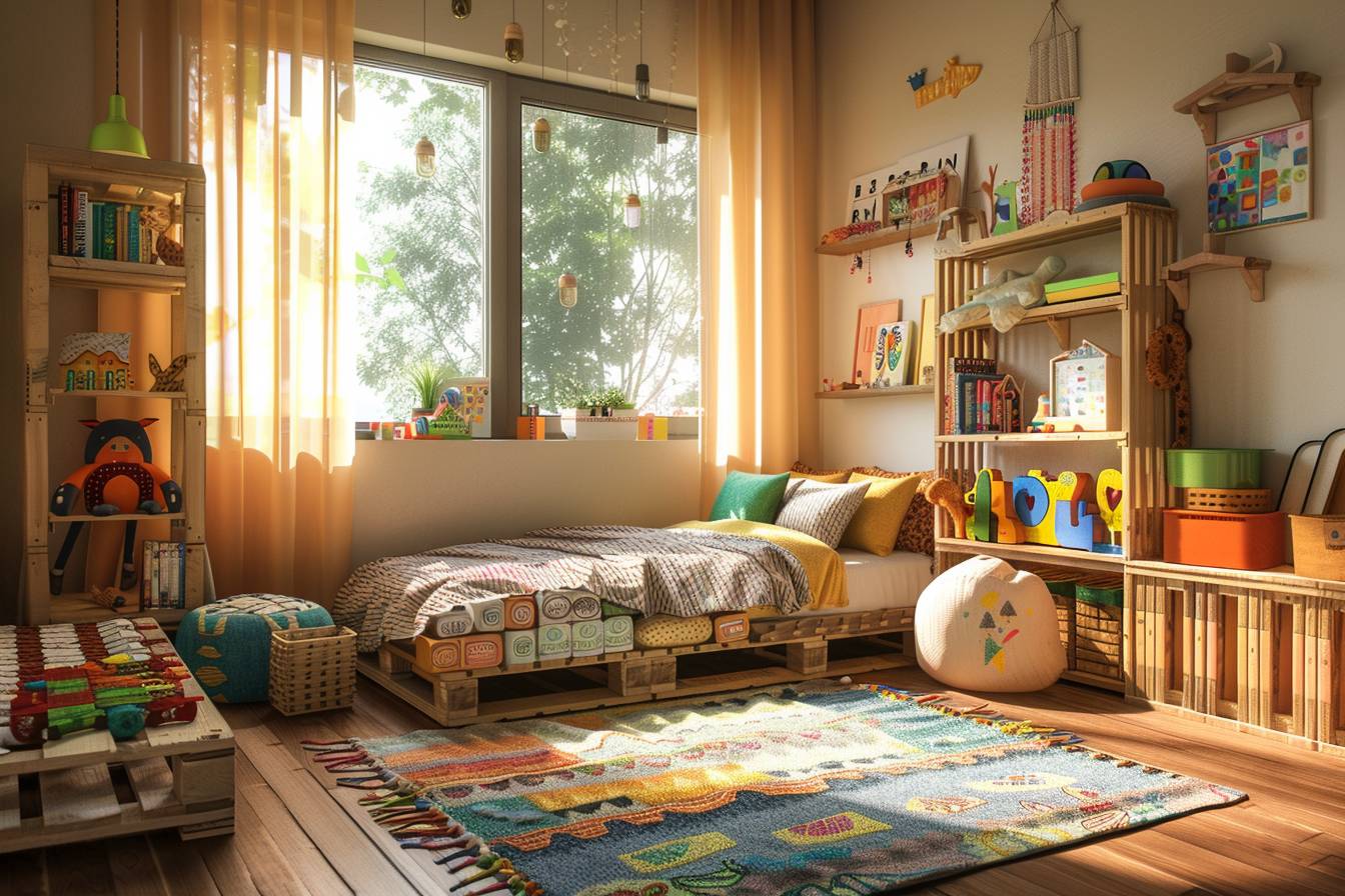 Chambre d'enfant colorée et écologique décorée avec des matériaux recyclés pour inspirer et protéger