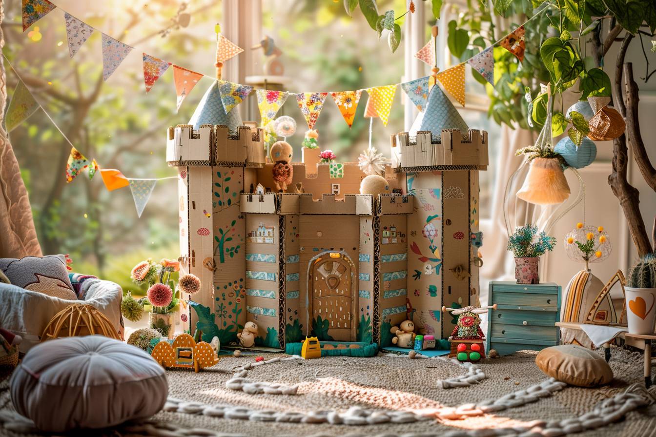 Chambre d'enfant décorée avec des jouets et meubles écoresponsables fabriqués à partir de matériaux recyclés pour créer un espace inventif et respectueux de l'environnement.